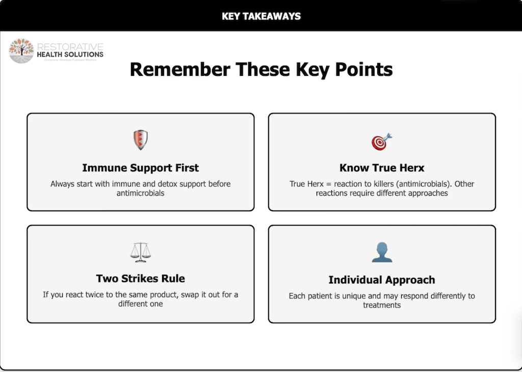 Herx reaction management key takeaways infographic - immune support first, identify true Herx from antimicrobials, two strikes rule for product substitution, individualized patient approach