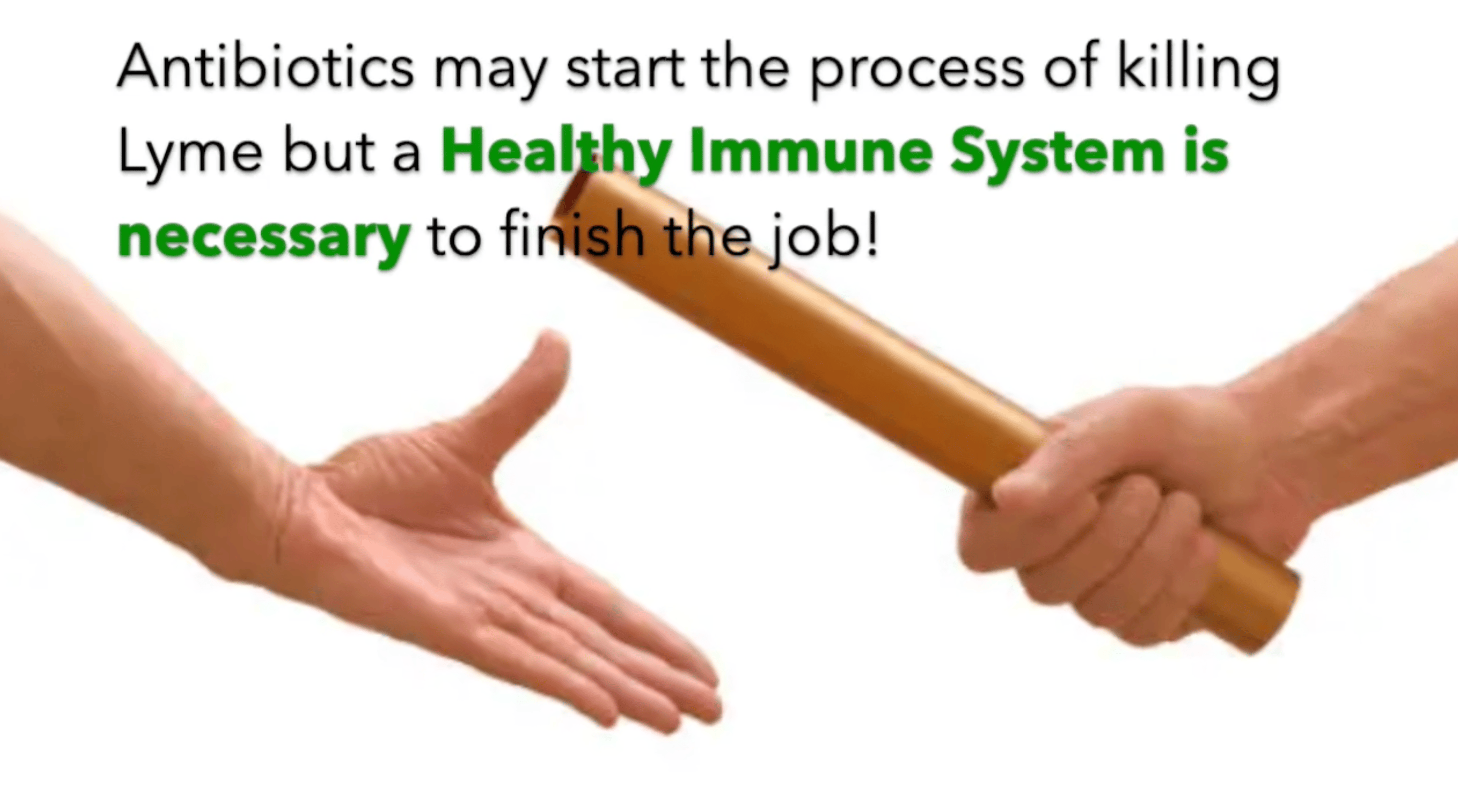 etaphorical image showing two hands in a relay race handoff, with one passing a baton to the other. Overlaid text reads: 'Antibiotics may start the process of killing Lyme but a Healthy Immune System is necessary to finish the job!' The words 'Healthy Immune System' and 'necessary' are highlighted in green for emphasis. This educational image from Dr. Kyle Warren, DC, CFMP, Lyme specialist in Minnesota (lymedr.com), illustrates the crucial partnership between medical treatment and immune function in Lyme disease recovery.
