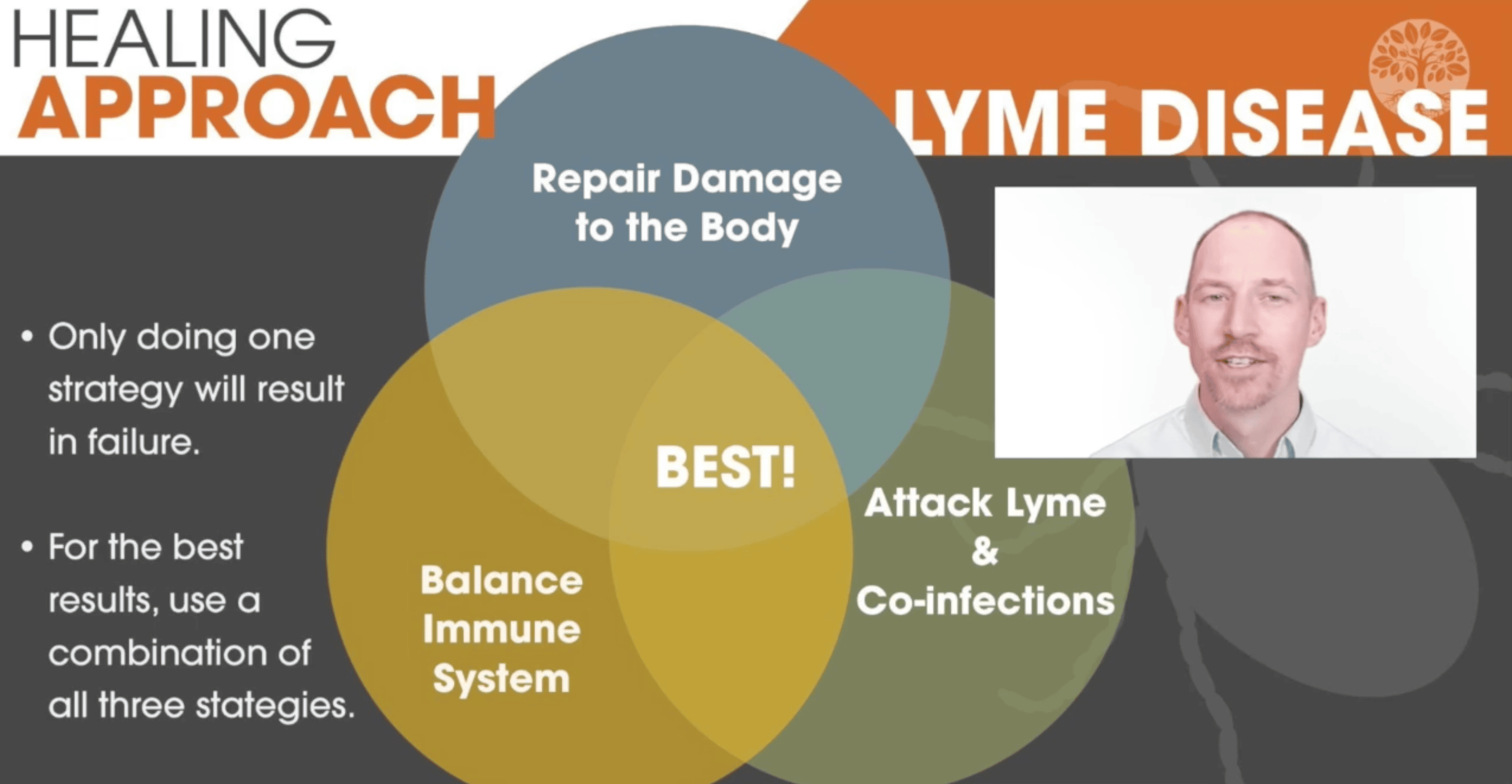 I'll create an updated SEO-friendly alt text for this image:  "Venn diagram showing the holistic healing approach for Lyme disease featuring three overlapping circles: 'Repair Damage to the Body' (blue), 'Balance Immune System' (gold), and 'Attack Lyme & Co-infections' (green). The diagram emphasizes that combining all three strategies yields the 'BEST!' results, with text noting 'Only doing one strategy will result in failure.' The image includes a headshot of Dr. Kyle Warren, DC, CFMP, Lyme specialist from Minnesota (lymedr.com), with 'HEALING APPROACH' and 'LYME DISEASE' as header text."